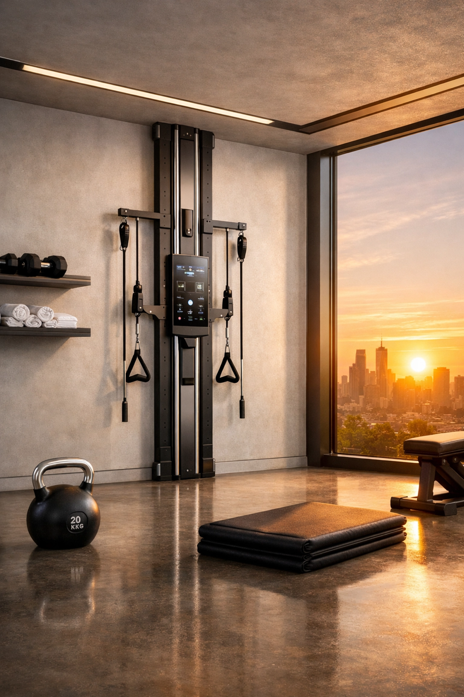 A versatile home gym featuring a floor to ceiling resistance rail system in a modern studio.