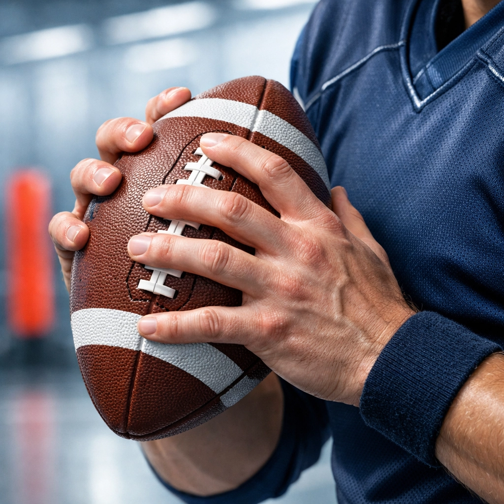 Detailed view of a football quarterback's precise hand grip on a leather ball during an elite skills training session.