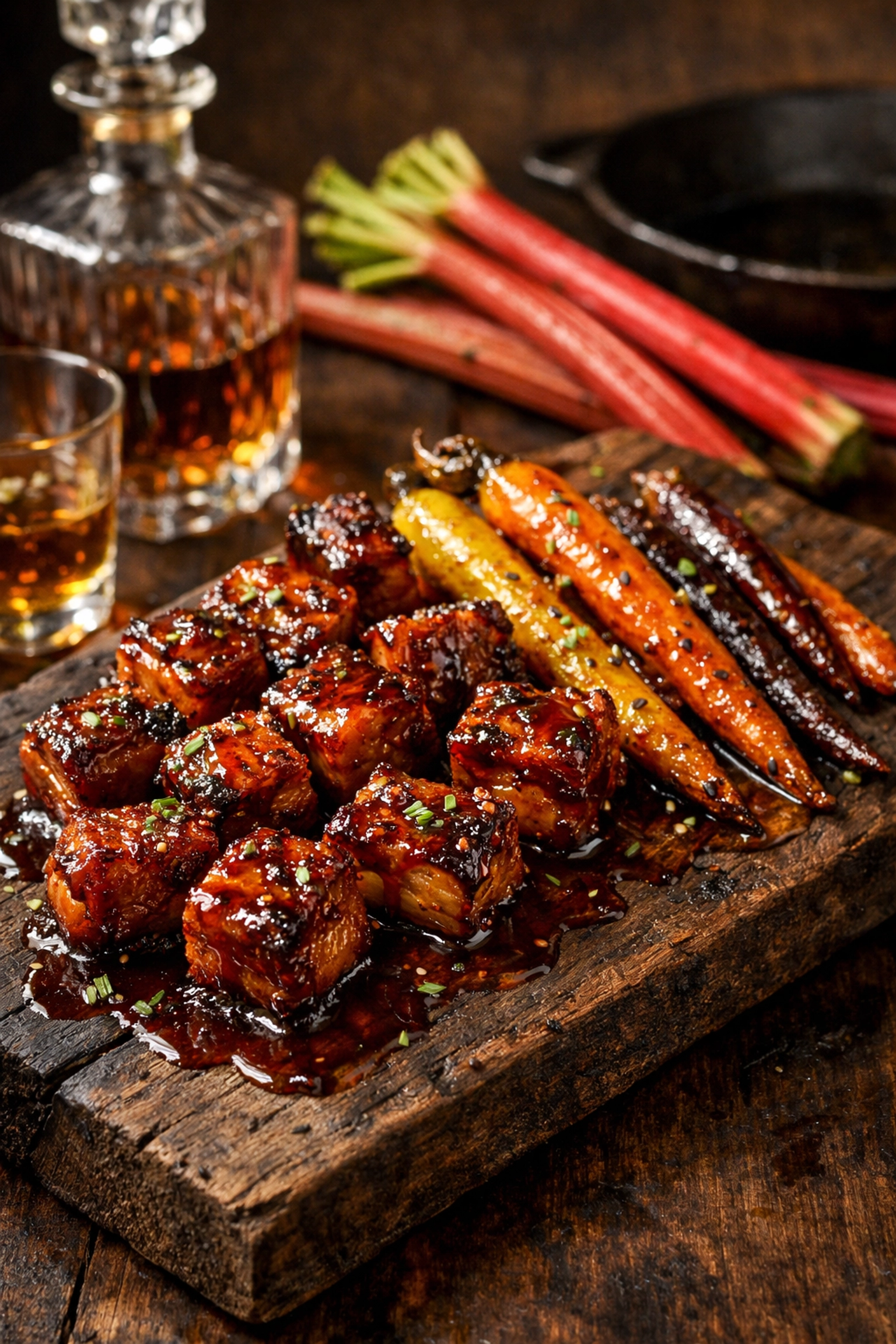 Bourbon-glazed pork belly and carrots, a soulful dish for elevated comfort food catering events.