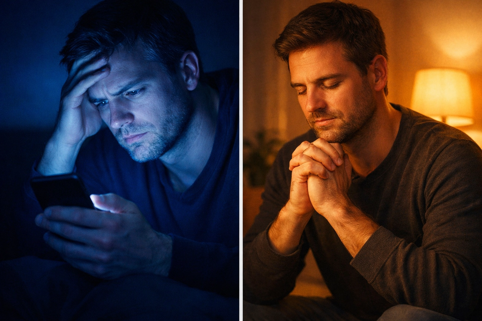 Contrast between anxious phone scrolling and peaceful prayer showing evening wrap transformation