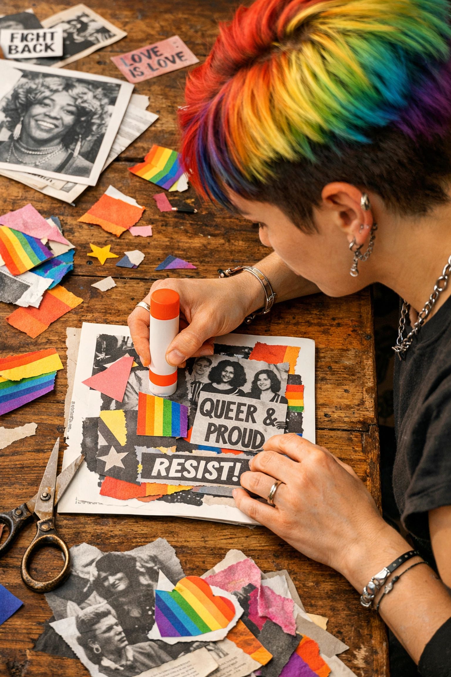 Creative non-binary person hand-assembling an authentic DIY queer zine with paper and photos.