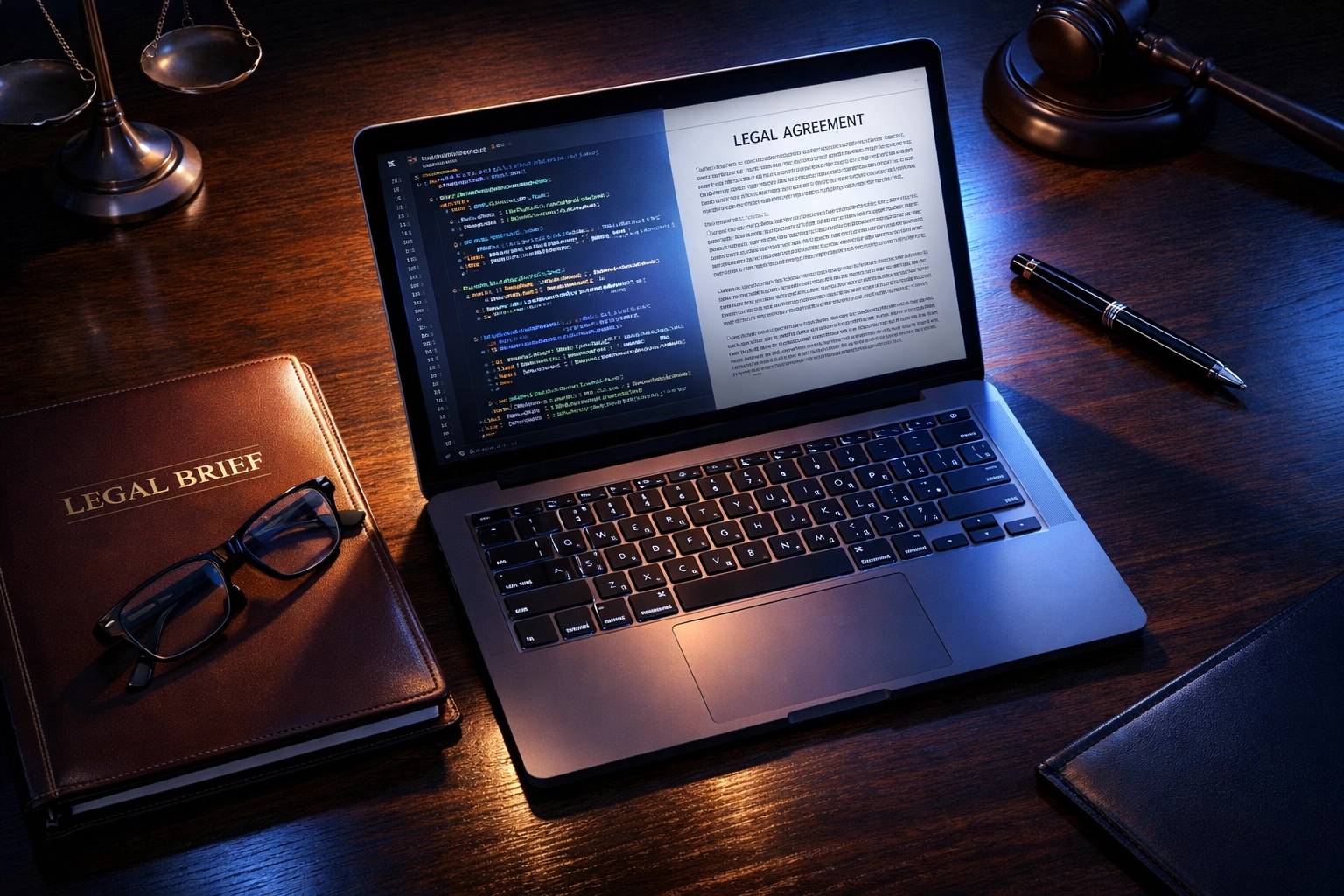 Law office laptop showing legal documents and code, illustrating AI-powered cybersecurity threats to law firms