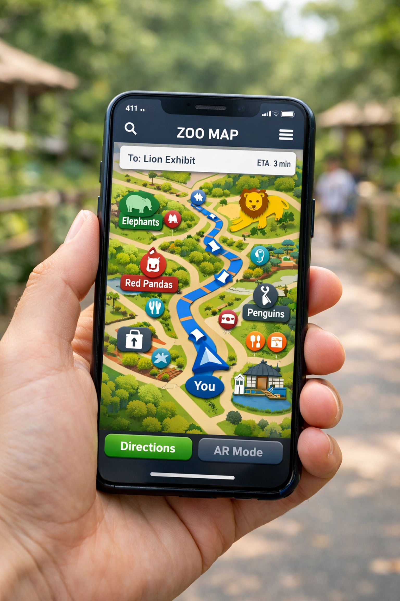 Zoo mobile app displaying interactive map with animal locations and wayfinding
