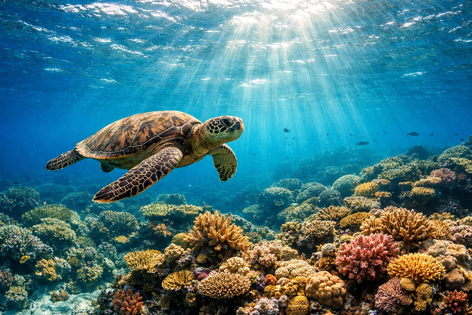 A Green Sea Turtle swimming over a coral reef, showcasing high-quality animal stock photography for ESG campaigns.