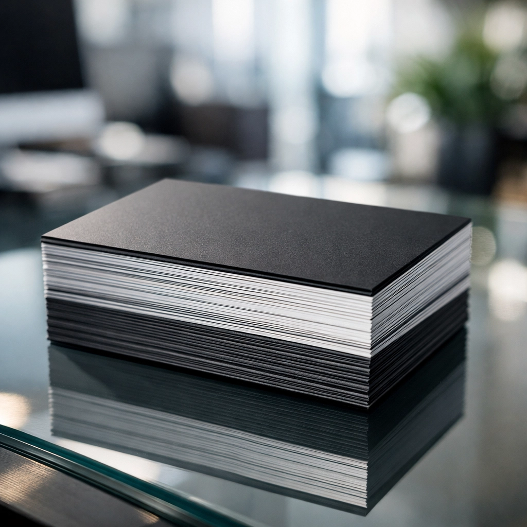 A thick stack of premium business cards with sharp edges sitting on a professional office desk.
