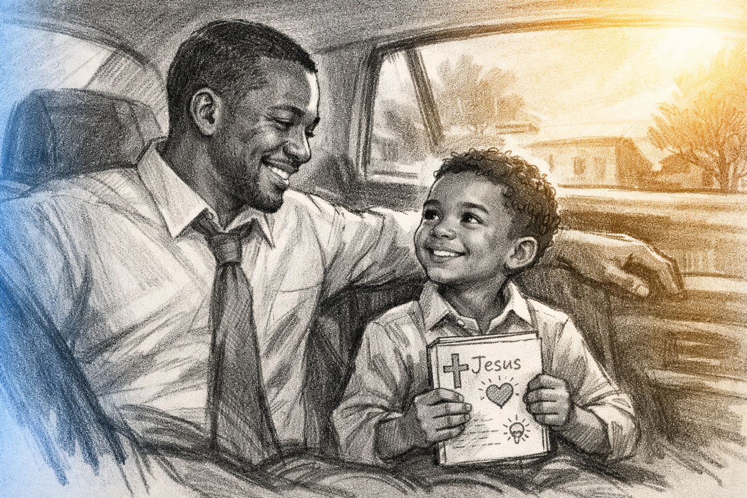 Parent and child talking in the car after church about the Bible story