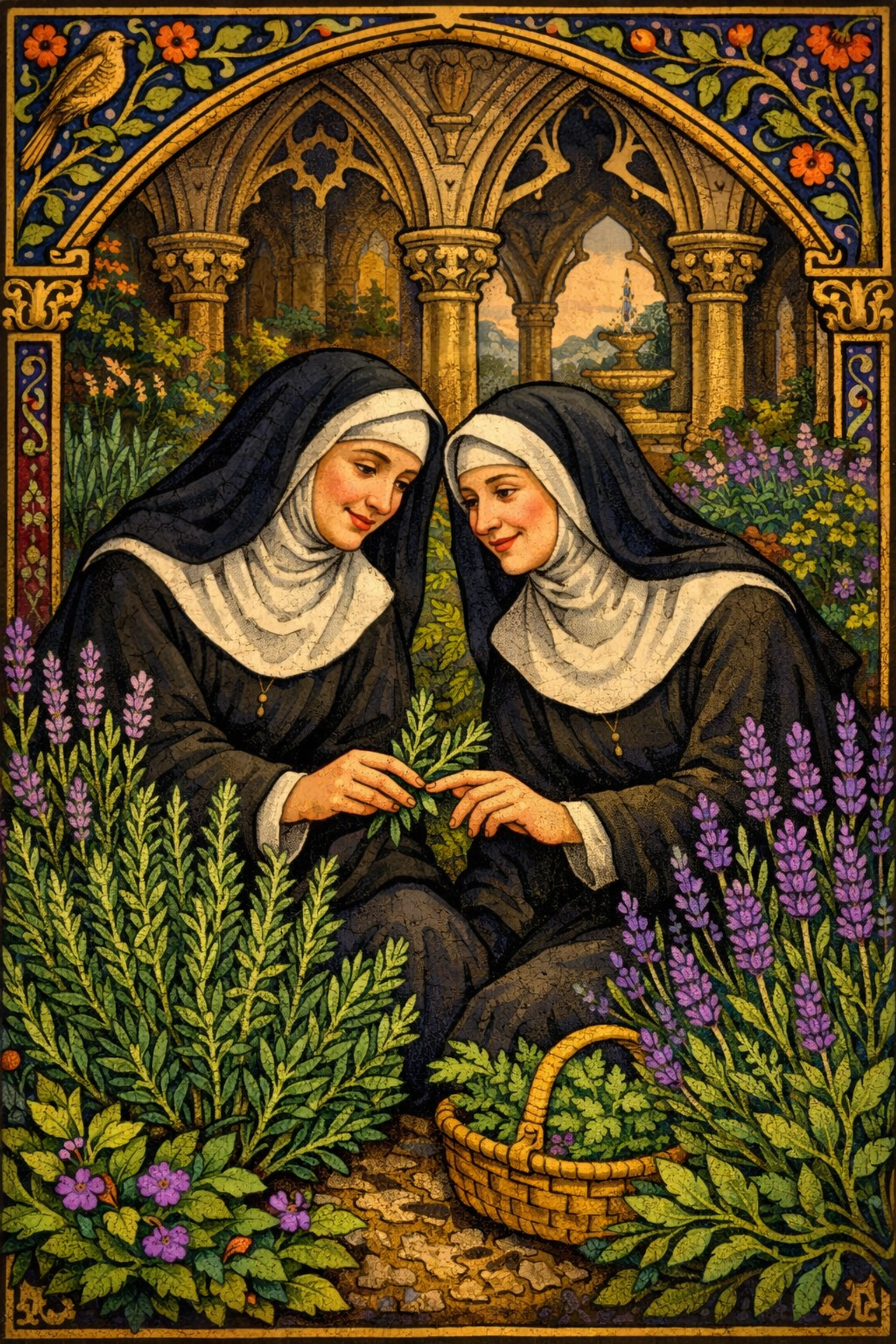 Medieval nuns working together in monastery herb garden, secret lesbian love in 14th century