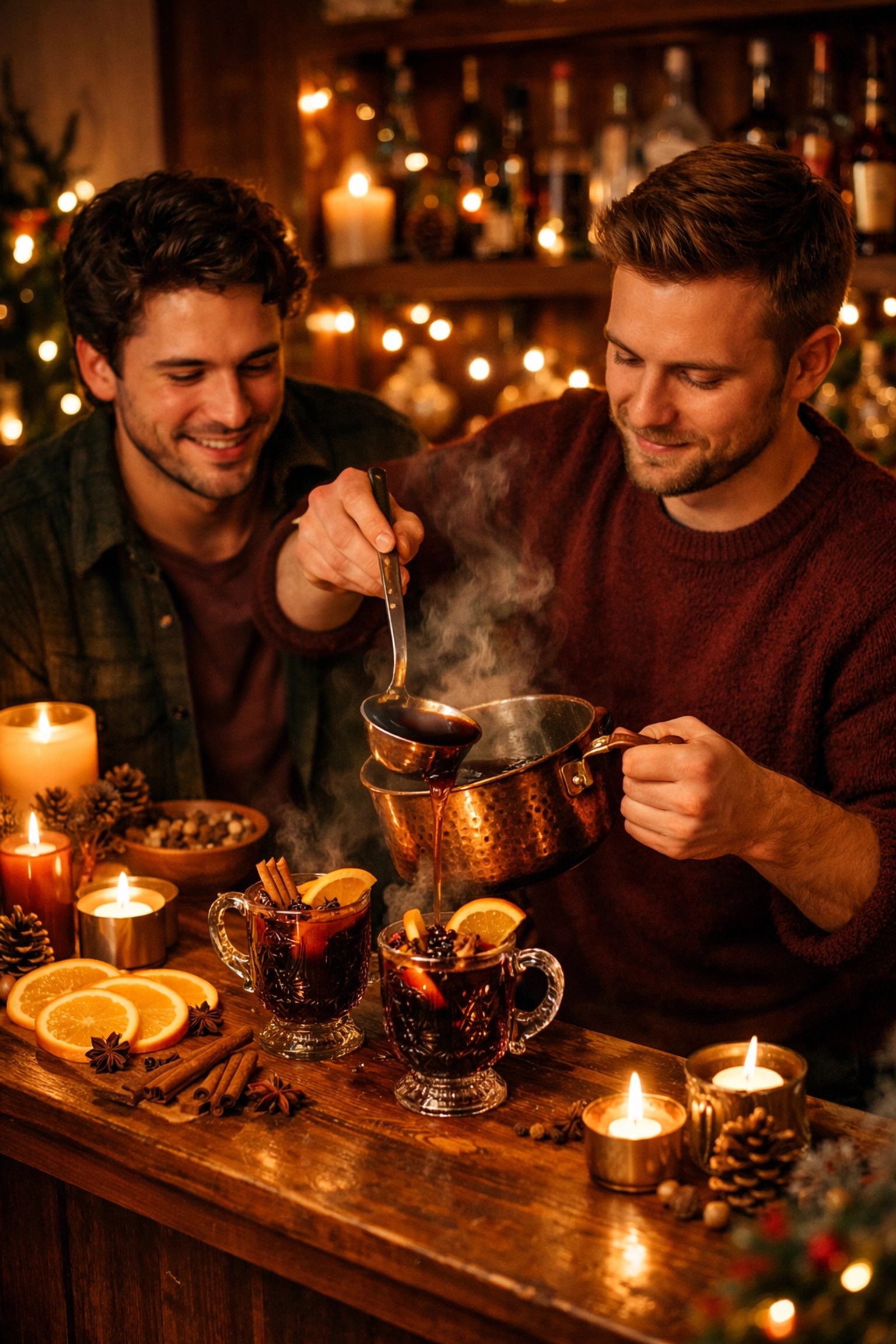 Two men preparing mulled wine at home bar with warm winter cocktail ingredients