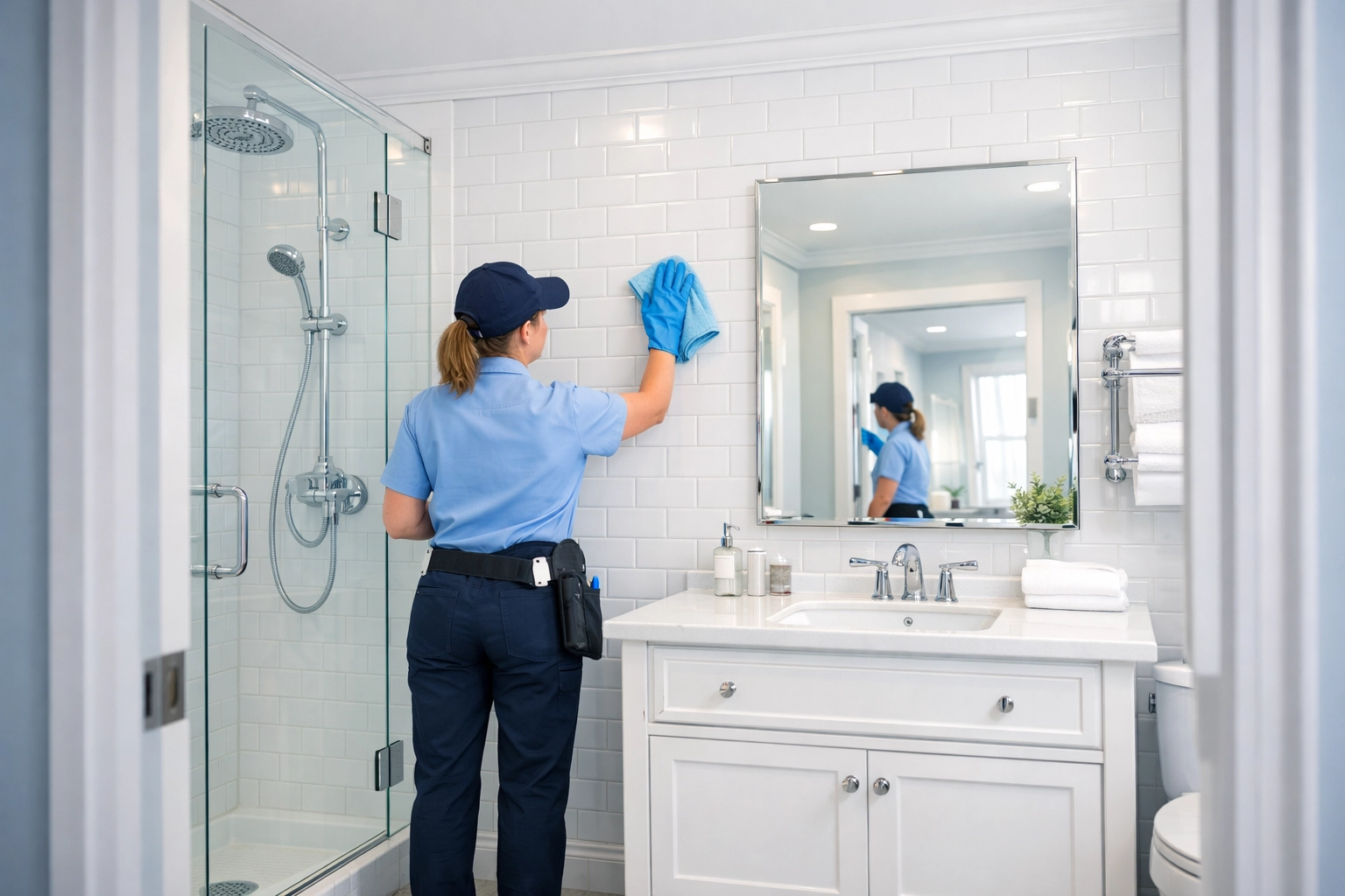 Professional deep cleaning service sanitizing apartment bathroom tiles and fixtures
