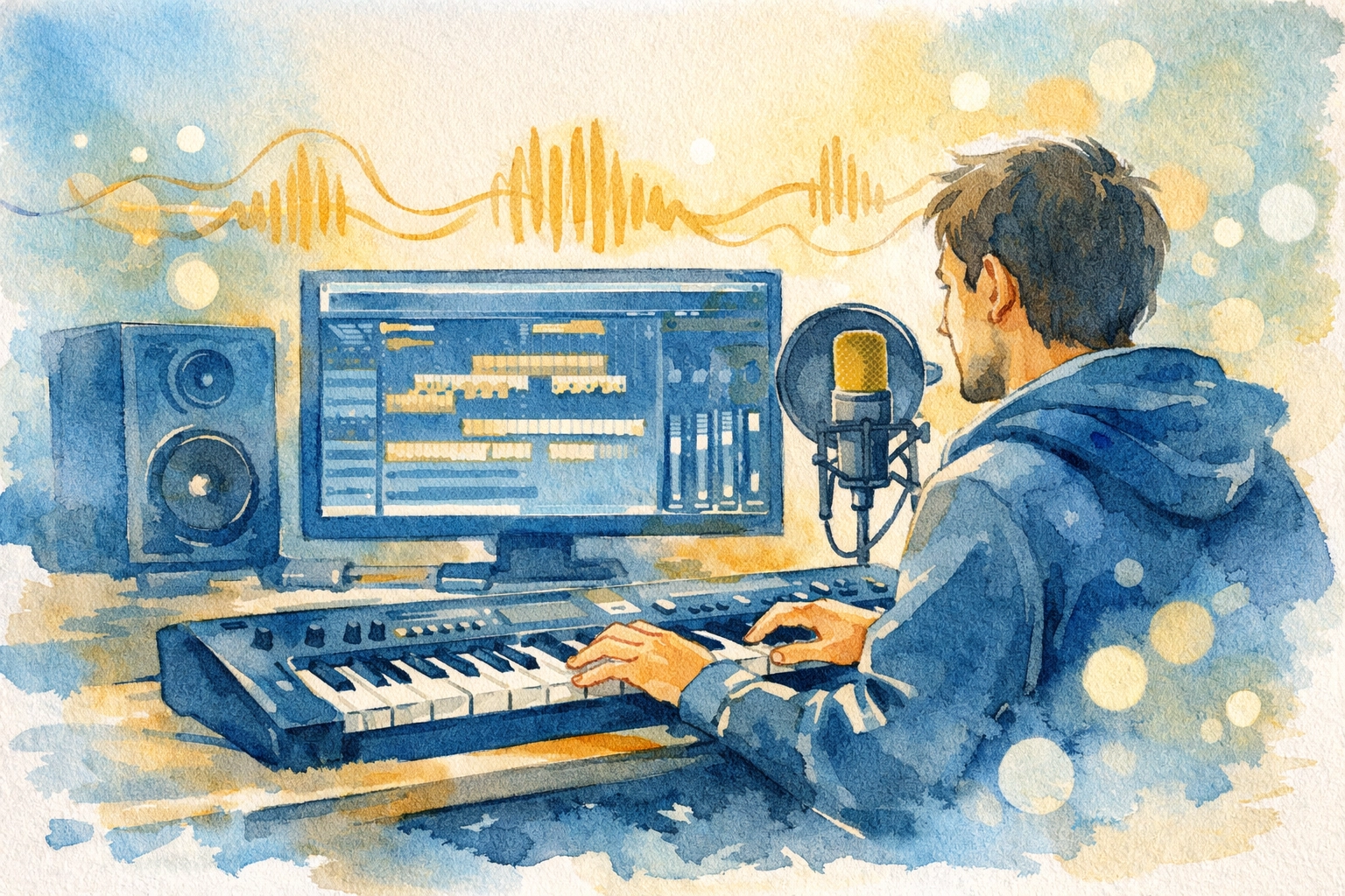 Christian artist at home recording studio producing worship music
