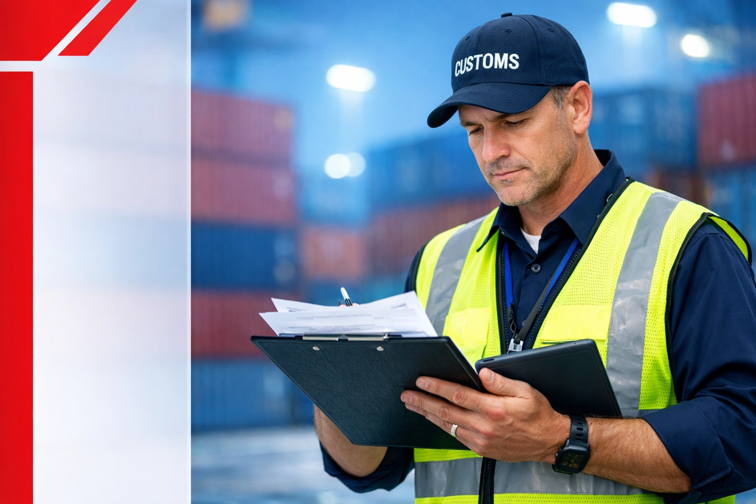 Customs inspector reviewing shipping documents at Florida port terminal with containers