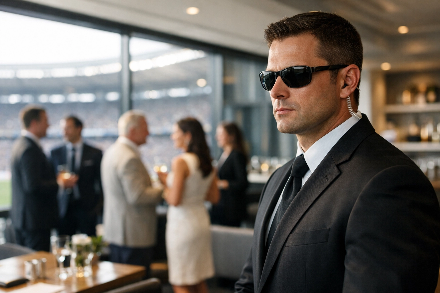 Professional security detail at Super Bowl hospitality suite ensuring VIP executive protection