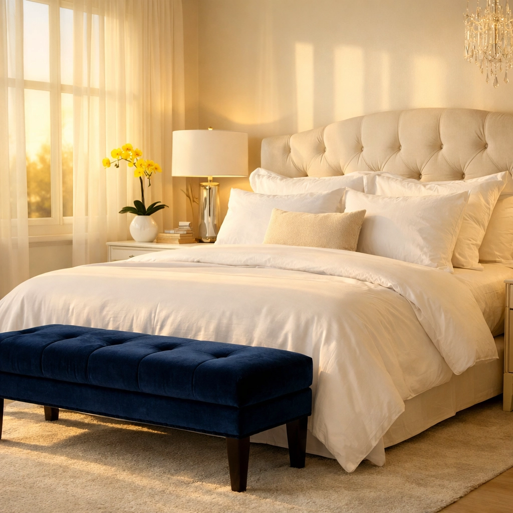 Restorative and tidy luxury master bedroom in Sudbury, highlighting the peace of a professionally cleaned home.