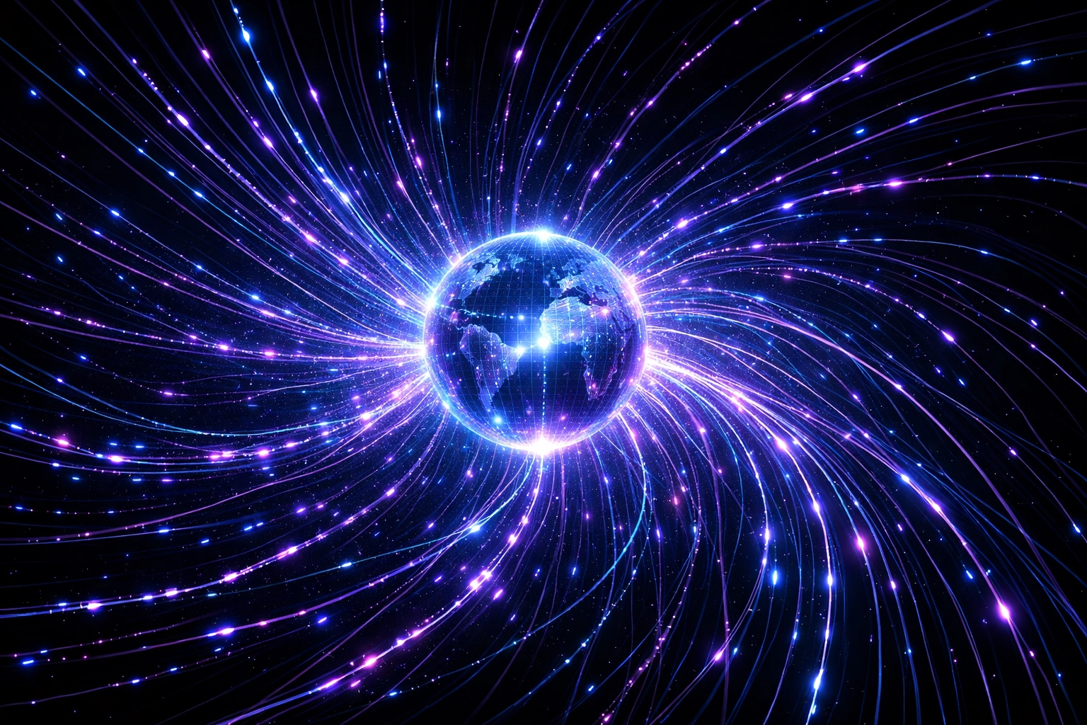 Abstract digital map of global money flows managed by an orchestration platform.