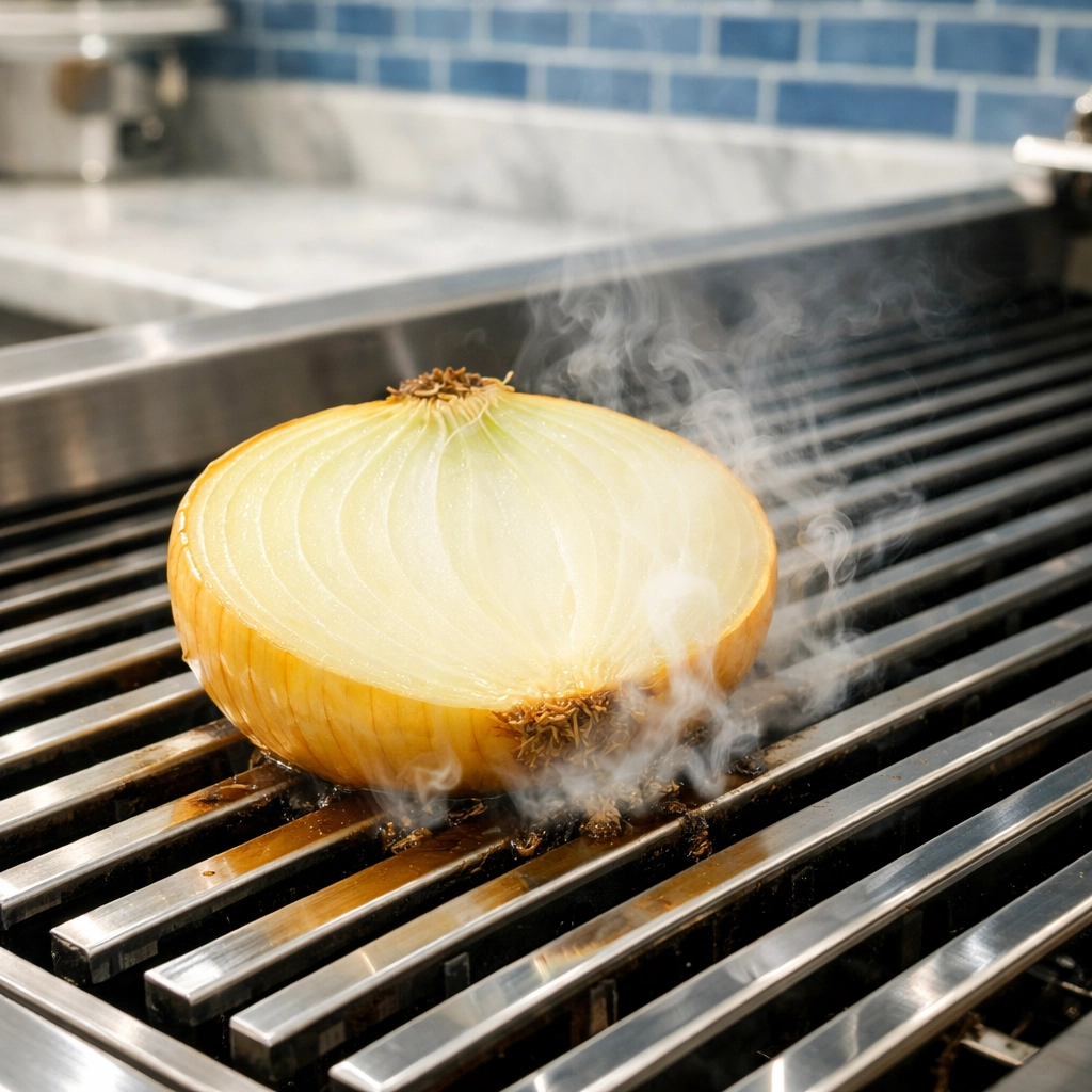 A halved yellow onion releasing steam to naturally clean grease off stainless steel outdoor grill grates.