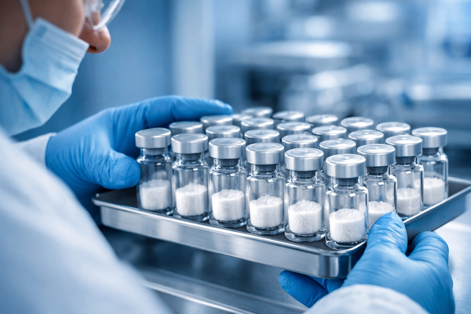 Laboratory technician inspecting high-purity peptide vials in a sterile USA manufacturing facility.