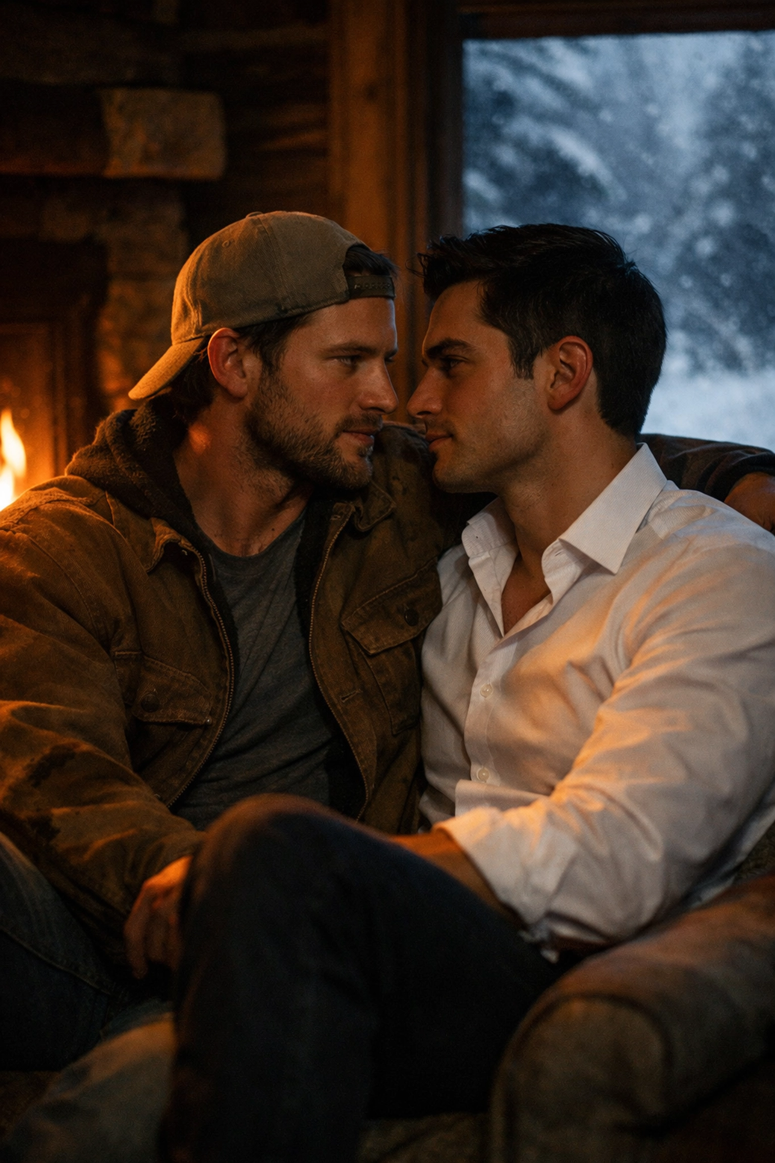 Two men share an intimate moment in a snowed-in cabin, a classic scene from the forced proximity MM romance trope.