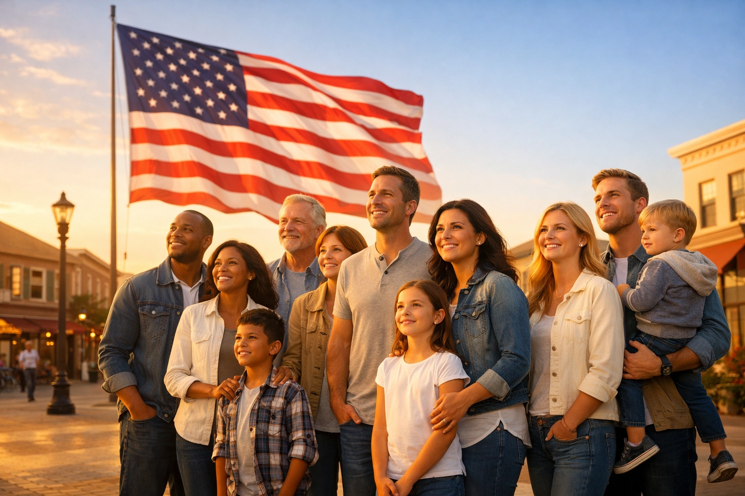 Diverse American families gathering in a sunny town square to celebrate the Semiquincentennial with patriotism.