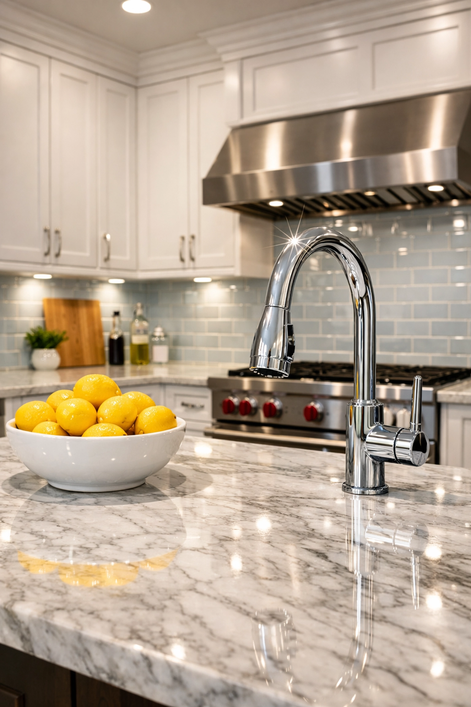 Sparkling clean kitchen marble countertops and polished faucet after a thorough residential deep cleaning.