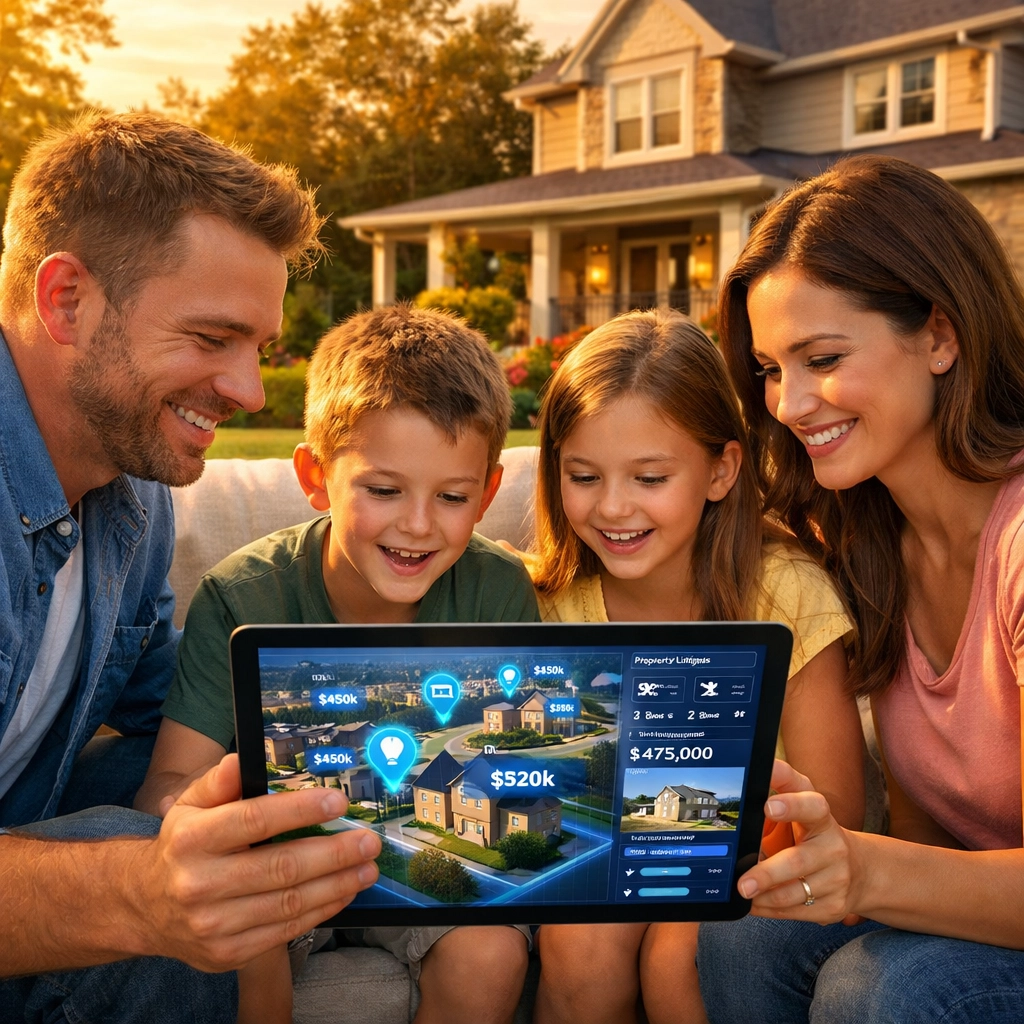 Family using tablet to search Prince William County homes with AI-powered real estate technology