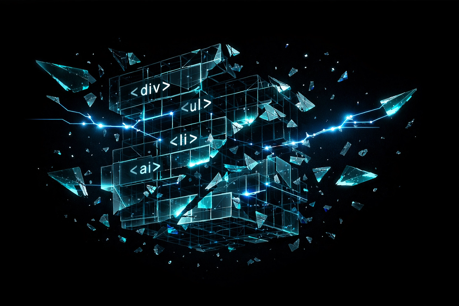 Shattered digital lattice representing a broken DOM structure and brittle test selectors.