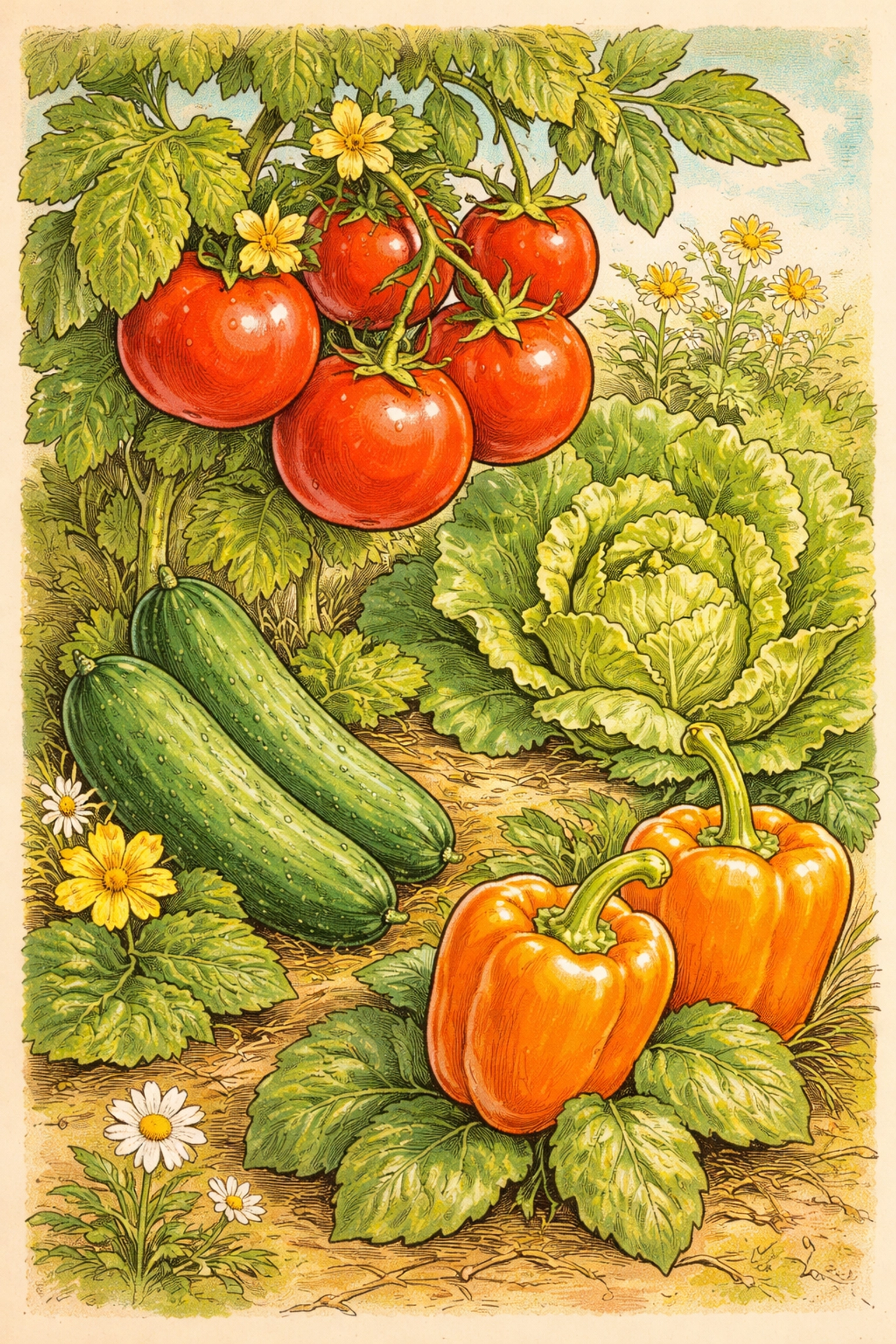 Close-up of ripe garden vegetables including tomatoes, cucumbers, peppers, and lettuce ready to harvest.