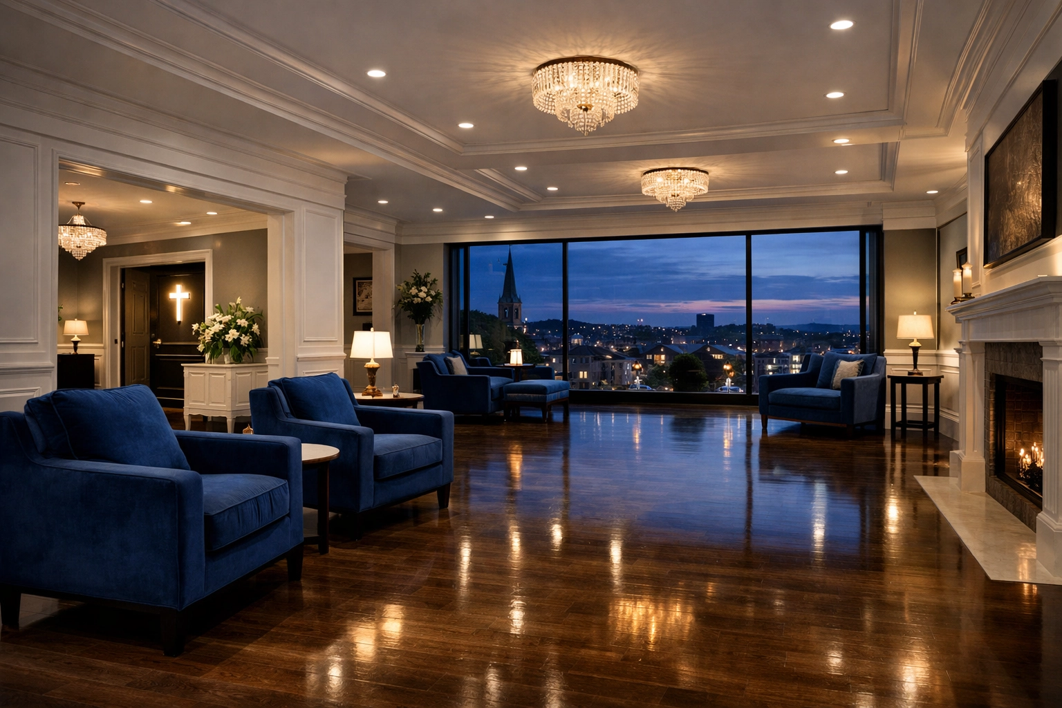 Spotless modern funeral home lobby in Lynn MA showing professional late-night cleaning services.