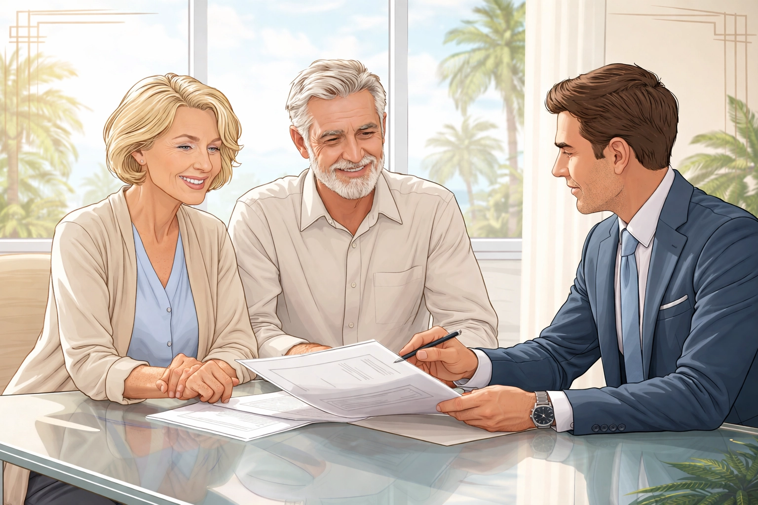 Retired couple consulting financial advisor in sunlit Florida office, highlighting smart DROP strategies