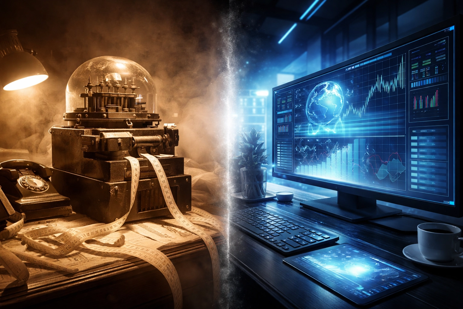 Comparison of outdated stock market tools and advanced digital dashboards for modern portfolio management.