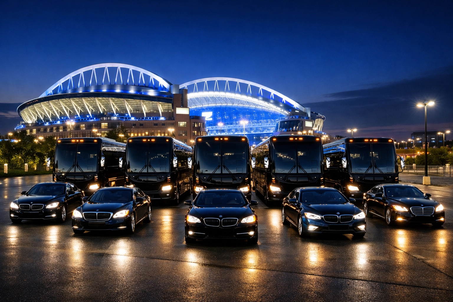 Luxury motorcoaches and sedans staged outside a lit stadium for high-capacity Super Bowl post-game departures.