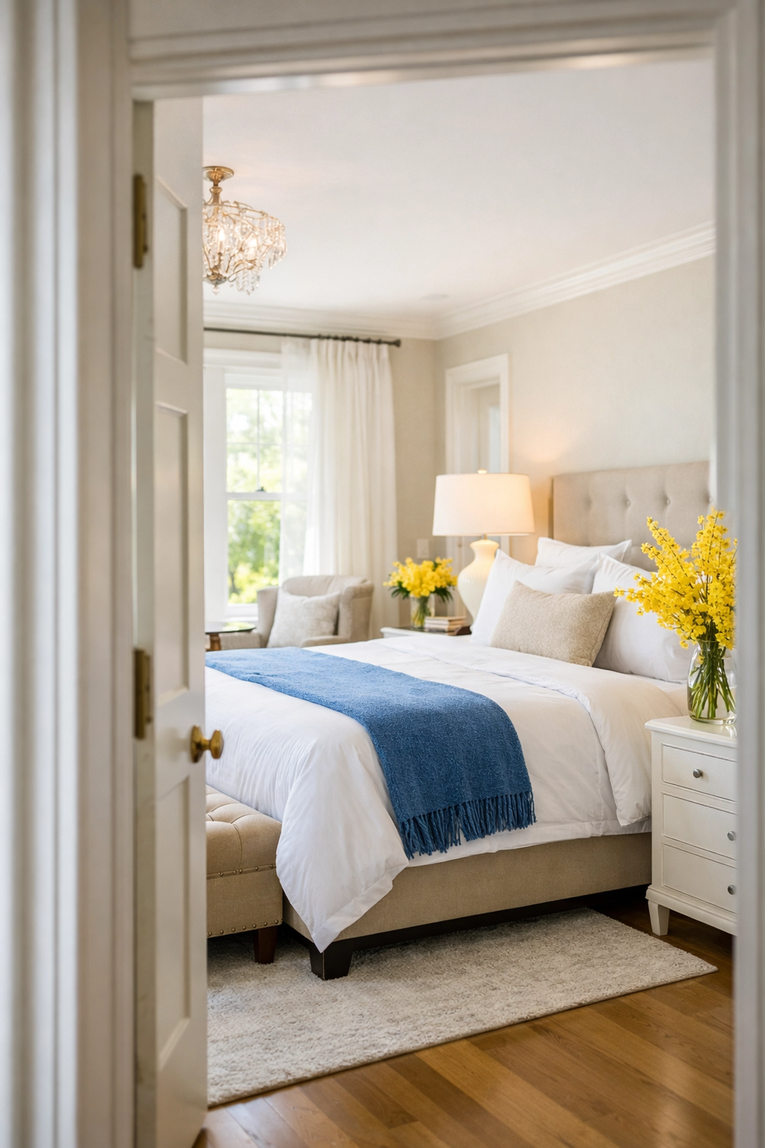 Sunlit luxury bedroom in a Massachusetts estate after a professional residential cleaning.