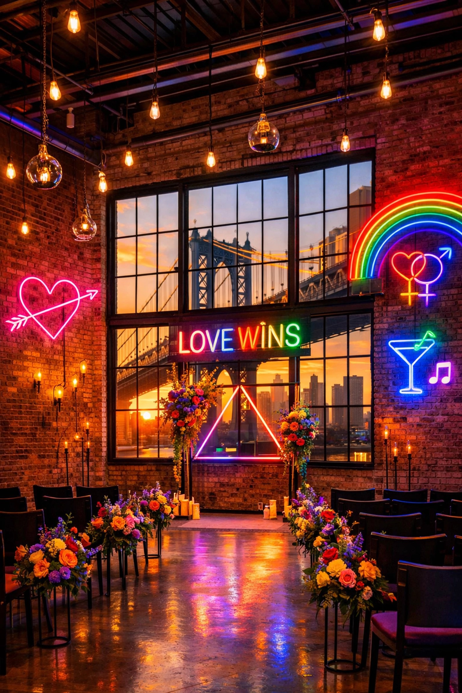 Brooklyn warehouse gay wedding venue with colorful neon lights and industrial charm