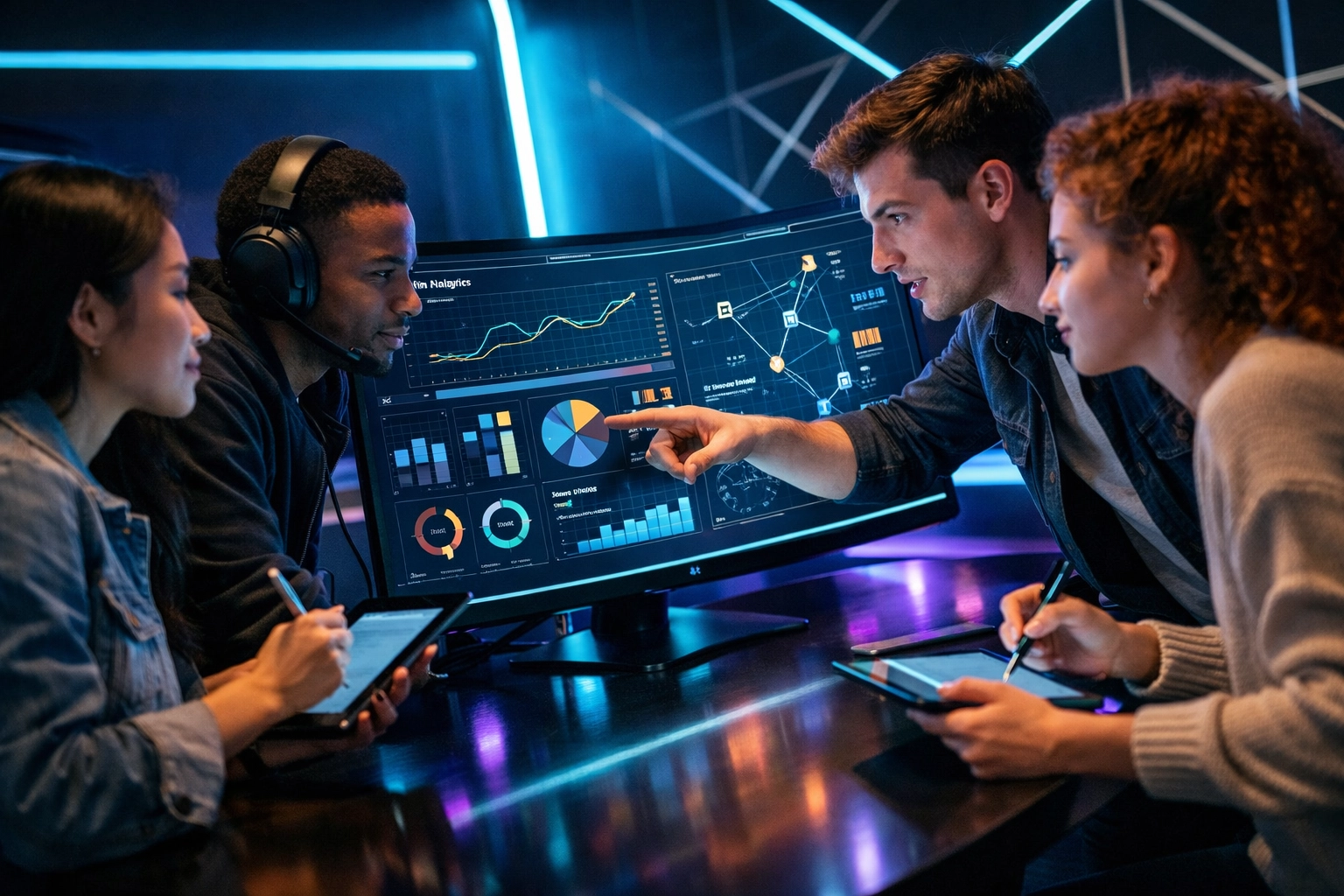 Young professionals collaborating on esports data analytics for workforce development training