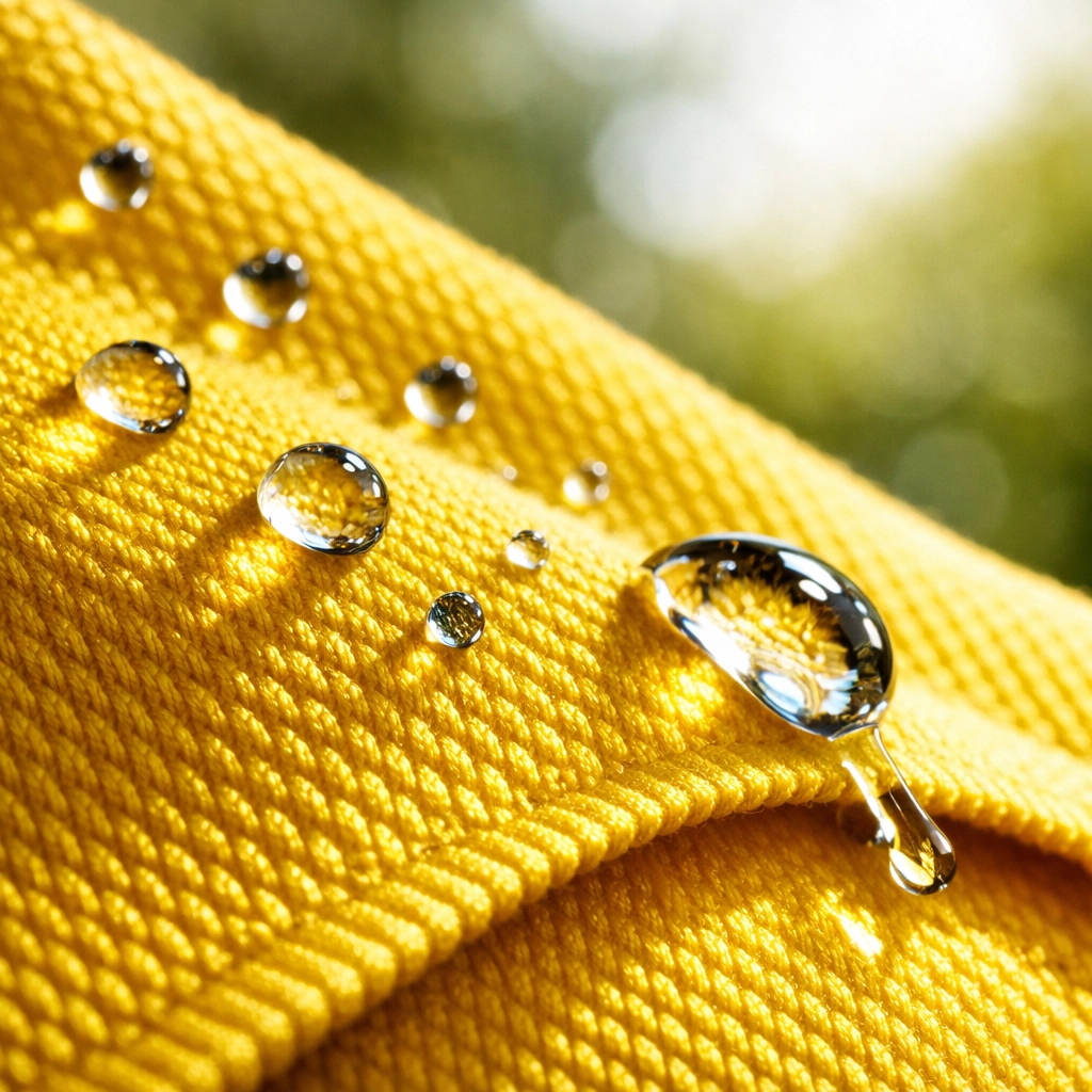 Water droplets beading on moisture-wicking fabric showing advanced sweat-repelling technology