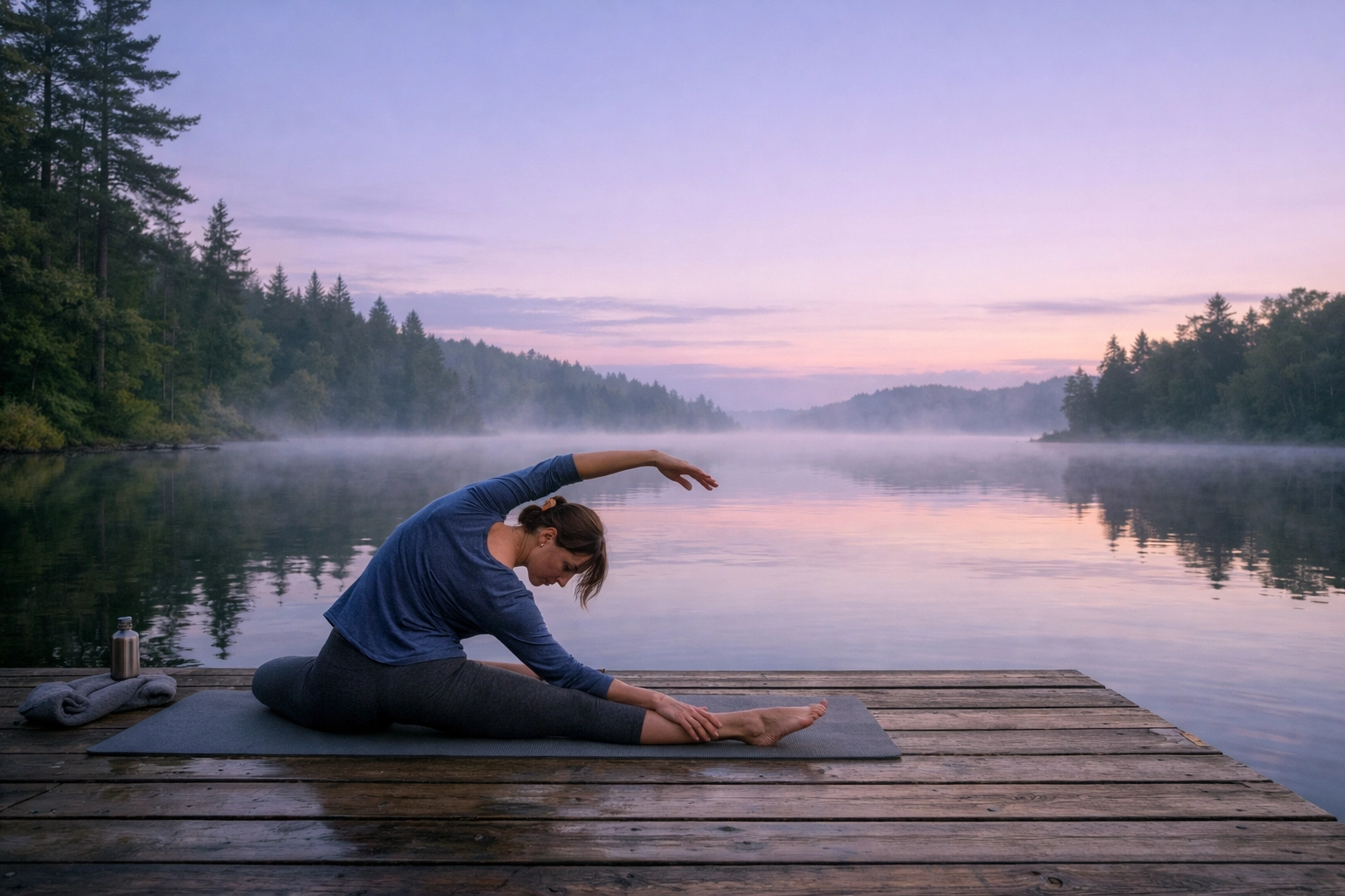 Slow stretching on a tranquil lake deck at dawn illustrating somatic movement and fitness recovery for longevity.