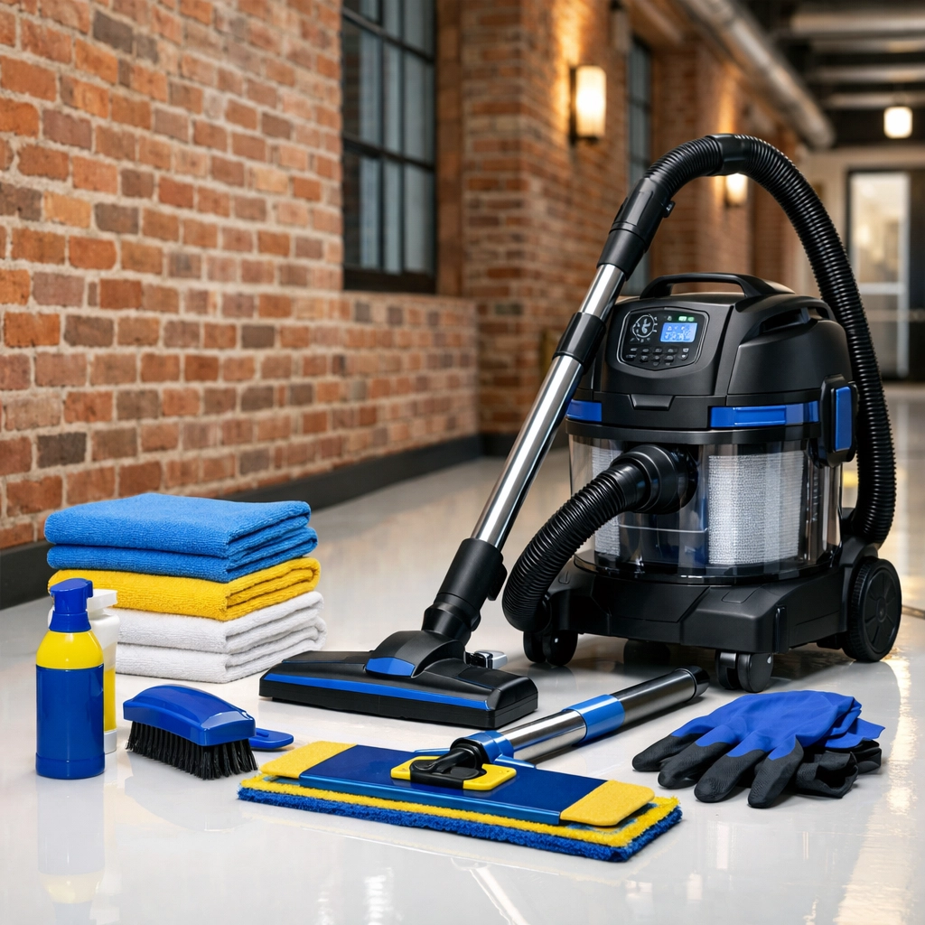 Professional deep cleaning Worcester equipment including HEPA vacuum and color-coded microfiber cloths.