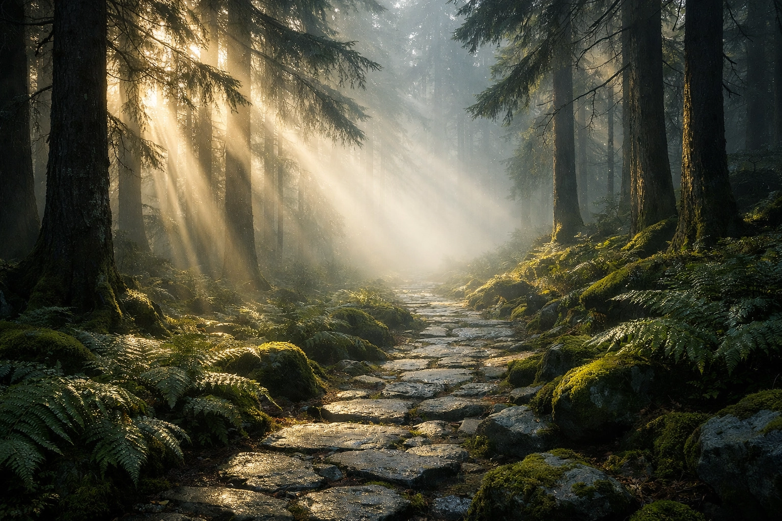 Misty forest path and sunbeams showing leading lines and composition landscape photography tips.