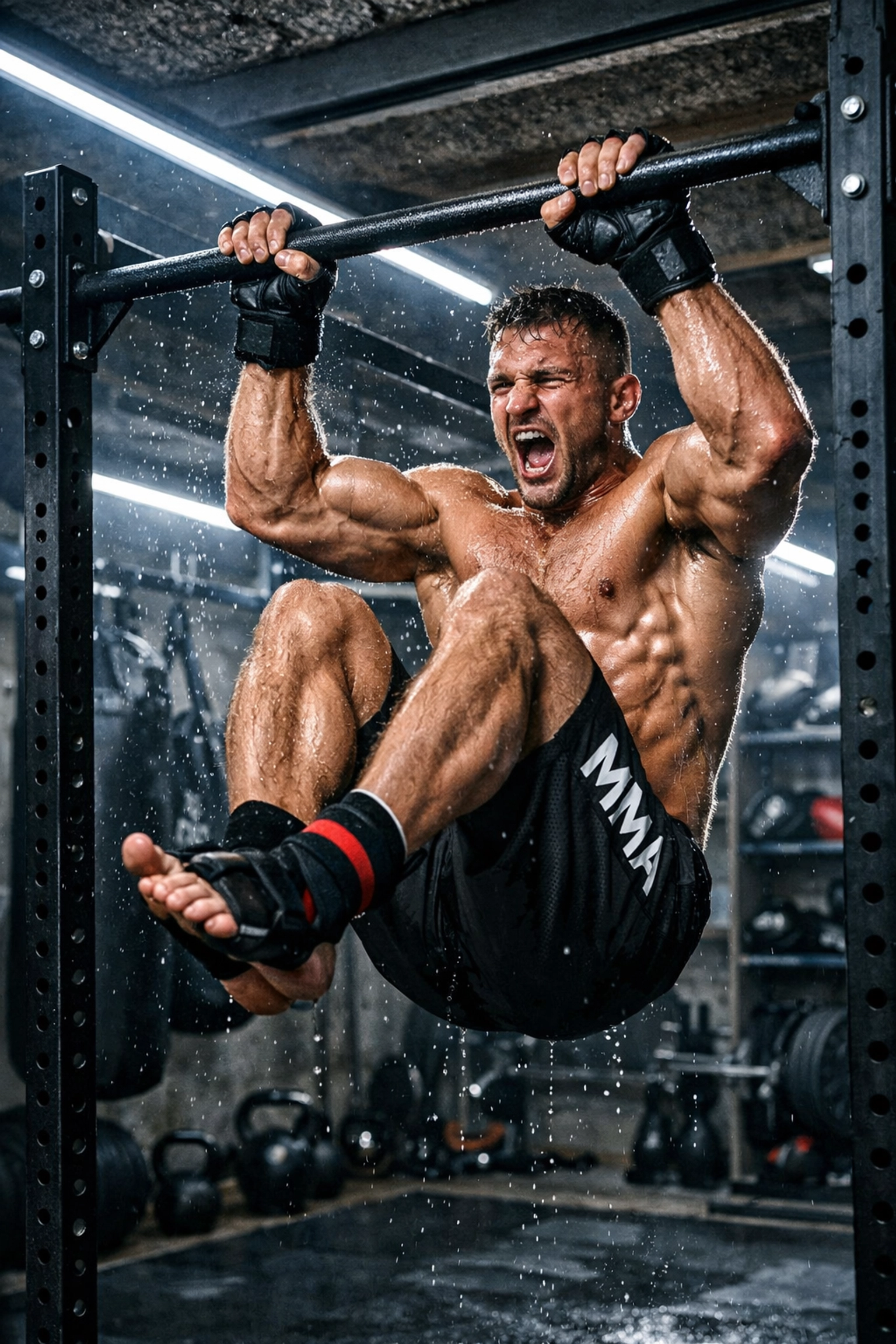 MMA fighter performing explosive movements on a stable pull up bar for a full body workout at home.