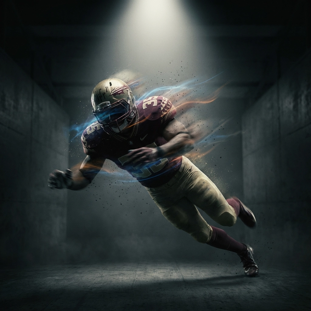 Florida State linebacker in garnet and gold gear prepares to tackle, representing the dynamic flip of Chris Jones from Ole Miss on portal deadline day.