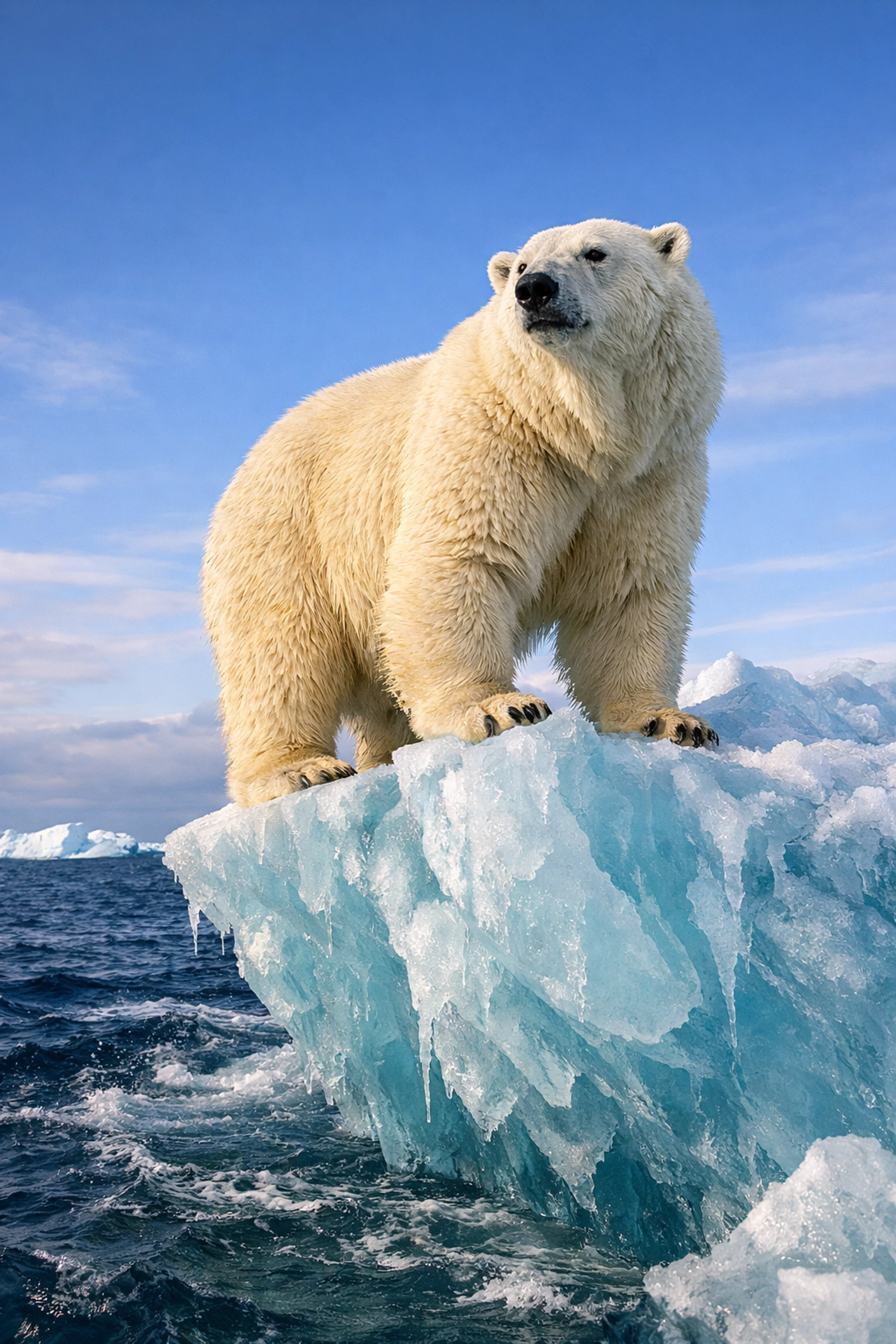 Polar bear on a turquoise iceberg illustrating the impact of melting sea ice on wildlife conservation.