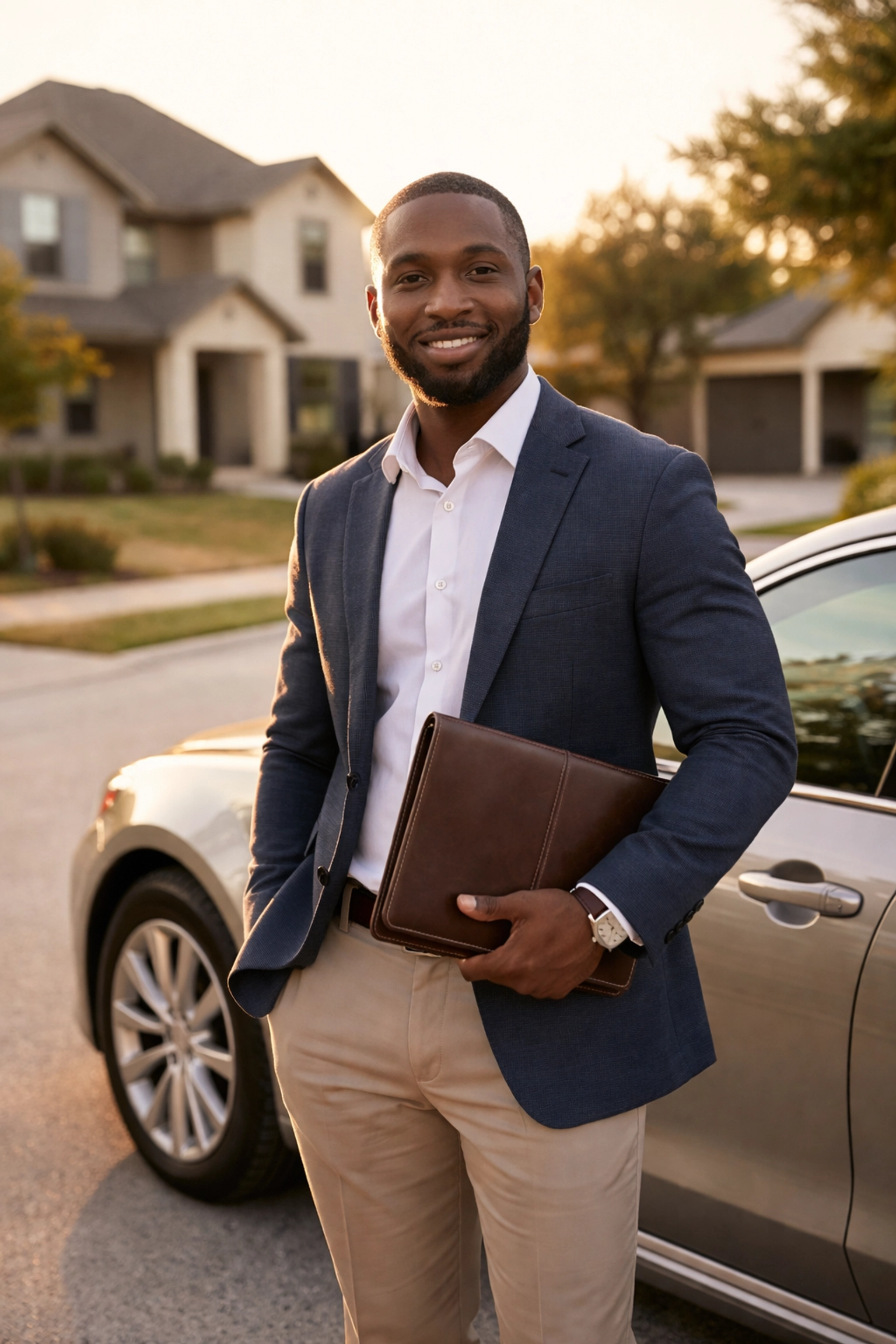 Professional Texas mobile notary ready for appointments in a local neighborhood with portfolio