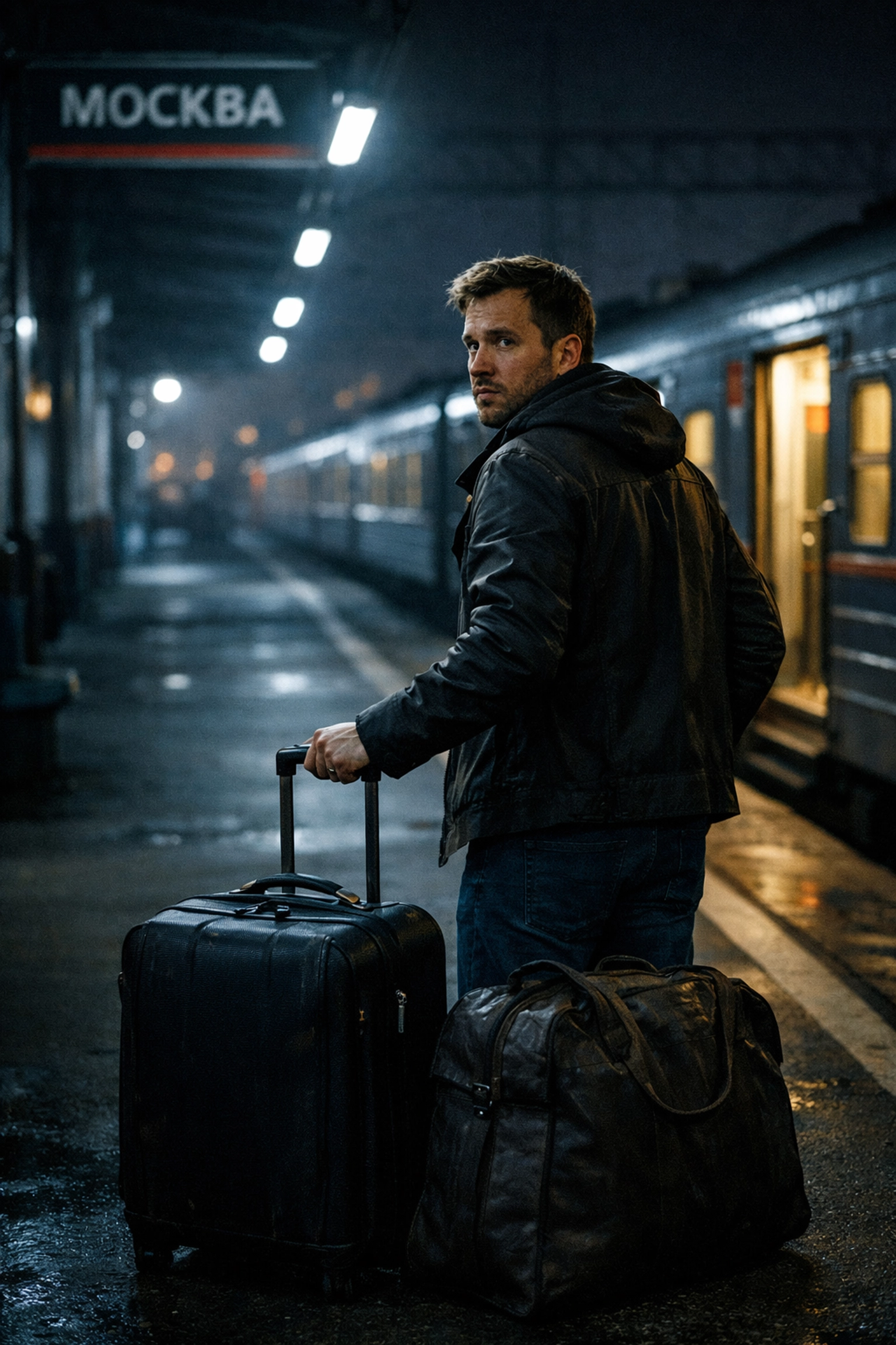 LGBTQ asylum seeker fleeing Russia at Moscow train platform with suitcases at night
