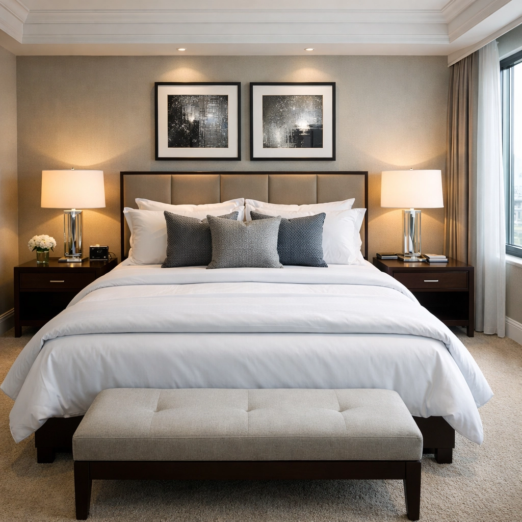 Luxury Vancouver rental bedroom professionally cleaned and staged for full-service management.