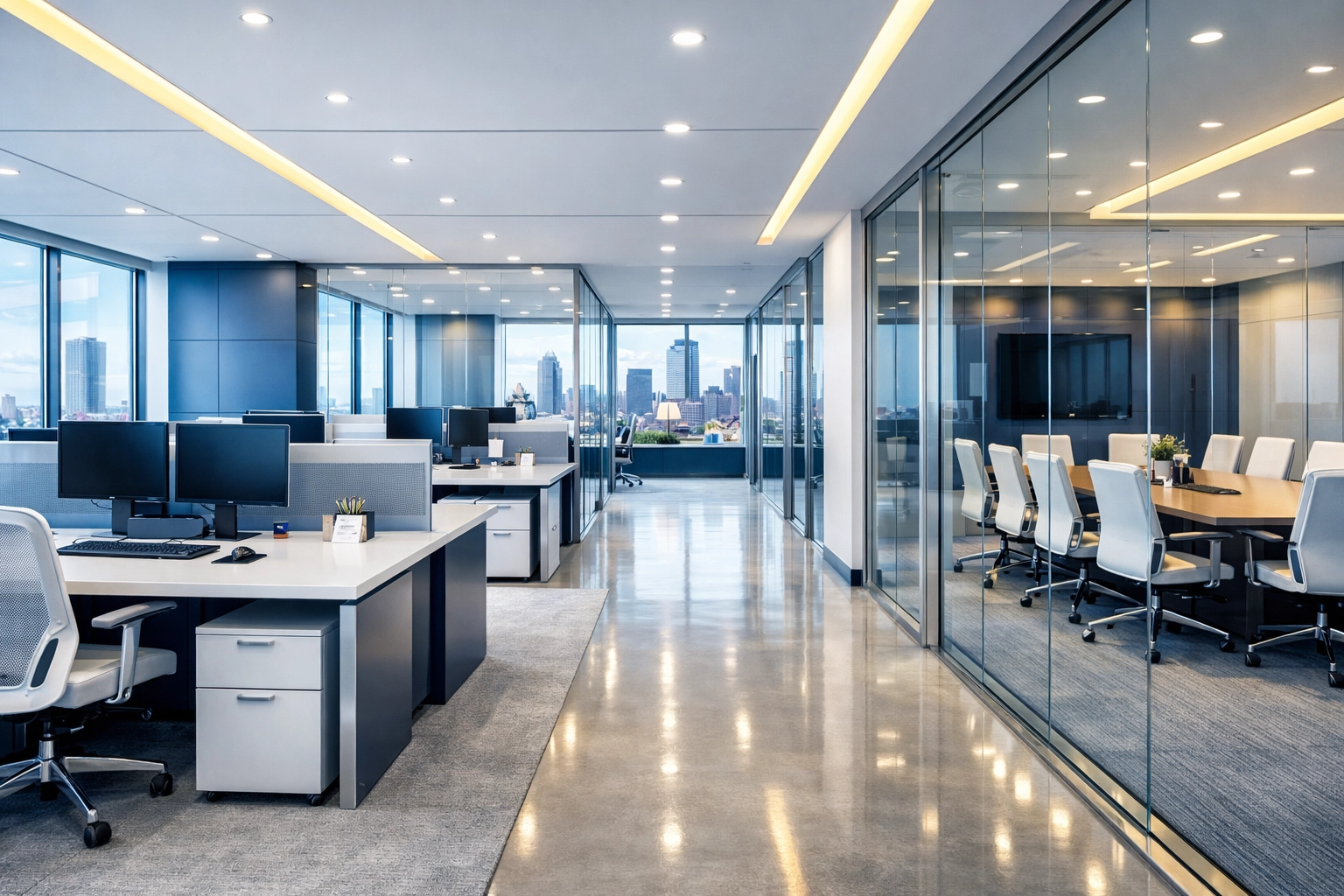 A professionally cleaned high-end corporate office in Boston showing impeccable janitorial results.