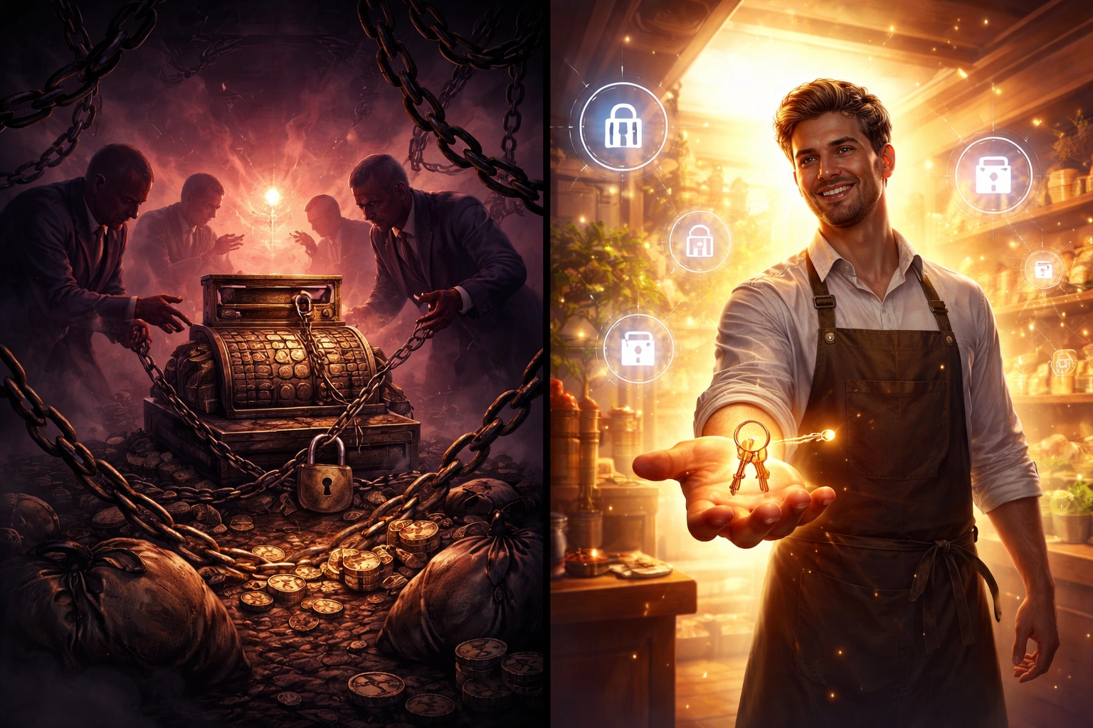 Split-screen showing outdated payment systems with chains versus modern crypto payments empowering merchants.