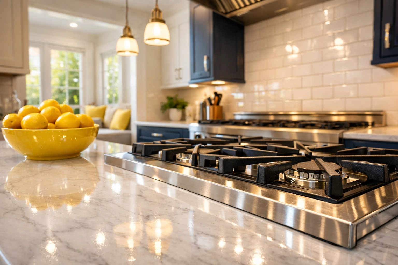 A spotless luxury kitchen in Marlborough featuring gleaming marble countertops after a professional deep cleaning service.