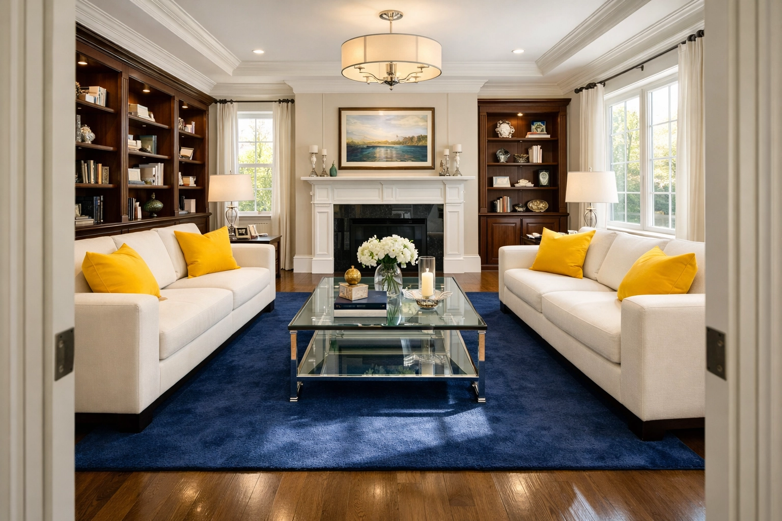 Sunlight filling a spotless luxury living room after a professional deep house cleaning Wayland MA session.