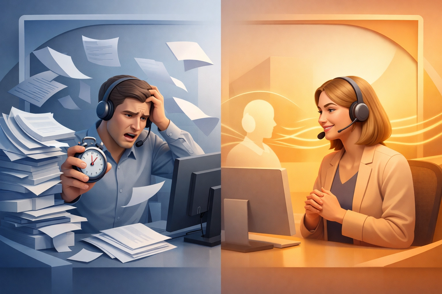 Call center comparison showing rushed high-volume calls versus quality patient conversations