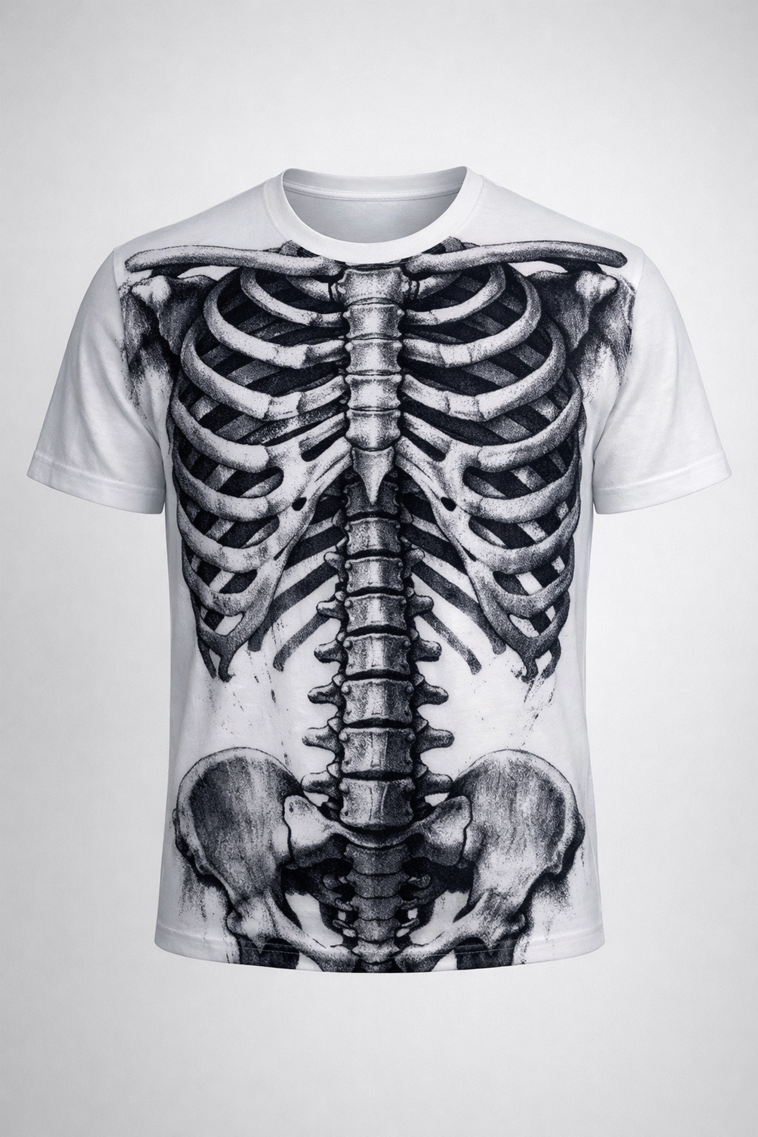 All-over custom sublimation printing on a white t-shirt featuring a black anatomical ribcage design.