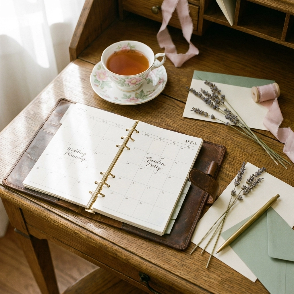 Elegant desk with planner and tea cup, highlighting important steps to book an afternoon tea caterer early
